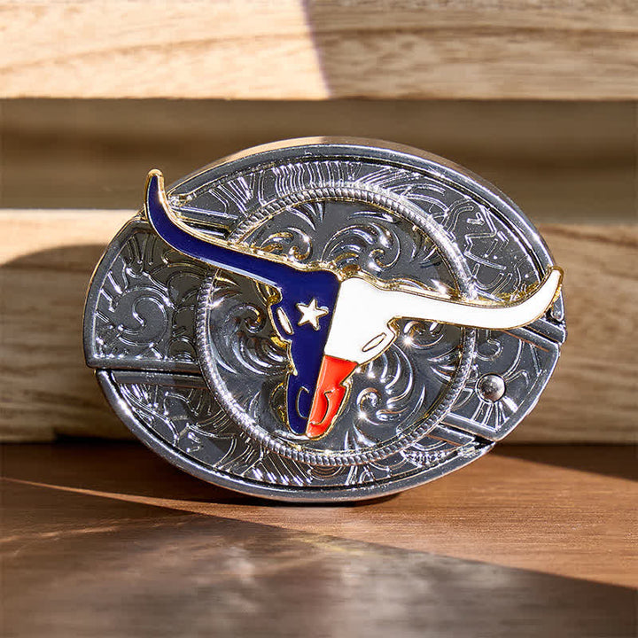 Texas-Staatsflagge Longhorn DIY Verstecktes Klappmesser Schnalle Ledergürtel - Longhorn & Flagge - Ohne Gürtel - Nicht im Lieferumfang enthalten: Gürtel - image 0