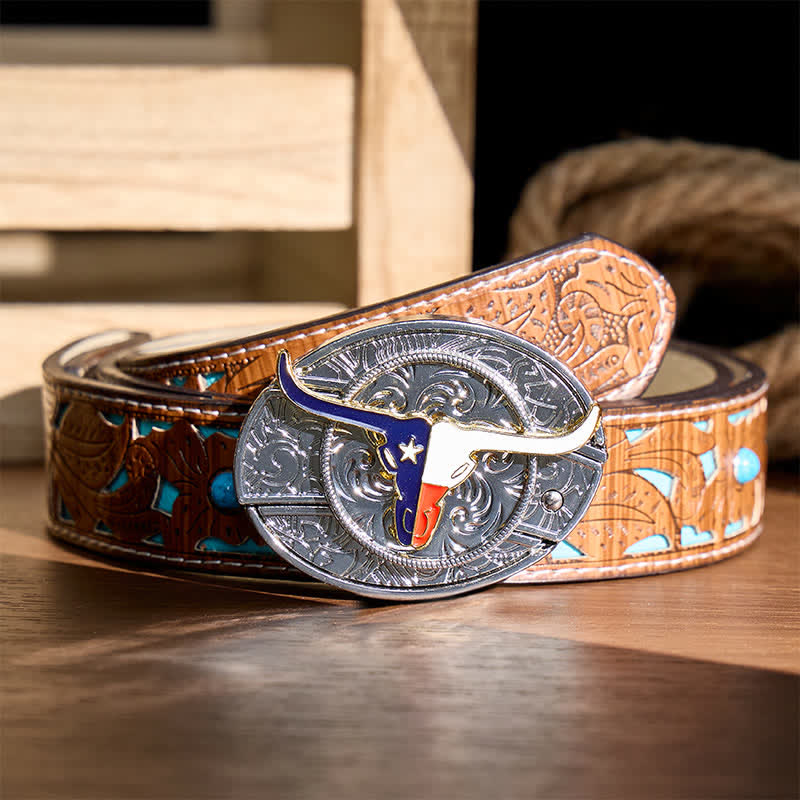 Texas-Staatsflagge Longhorn DIY Verstecktes Klappmesser Schnalle Ledergürtel - Longhorn & Flagge - Türkisfarbener, geschnitzter Gürtel - 42 - image 3