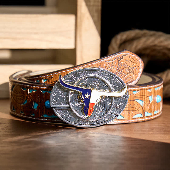 Texas-Staatsflagge Longhorn DIY Verstecktes Klappmesser Schnalle Ledergürtel - Longhorn & Flagge - Türkisfarbener, geschnitzter Gürtel - 42 - image 3