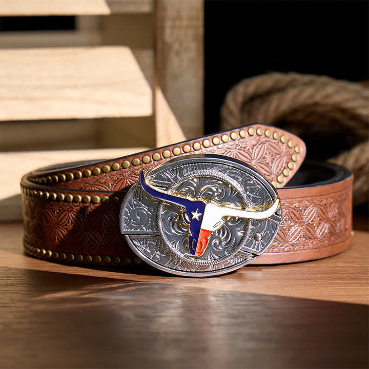 Texas-Staatsflagge Longhorn DIY Verstecktes Klappmesser Schnalle Ledergürtel - Longhorn & Flagge - Brauner Nietgürtel - 42 - image 4