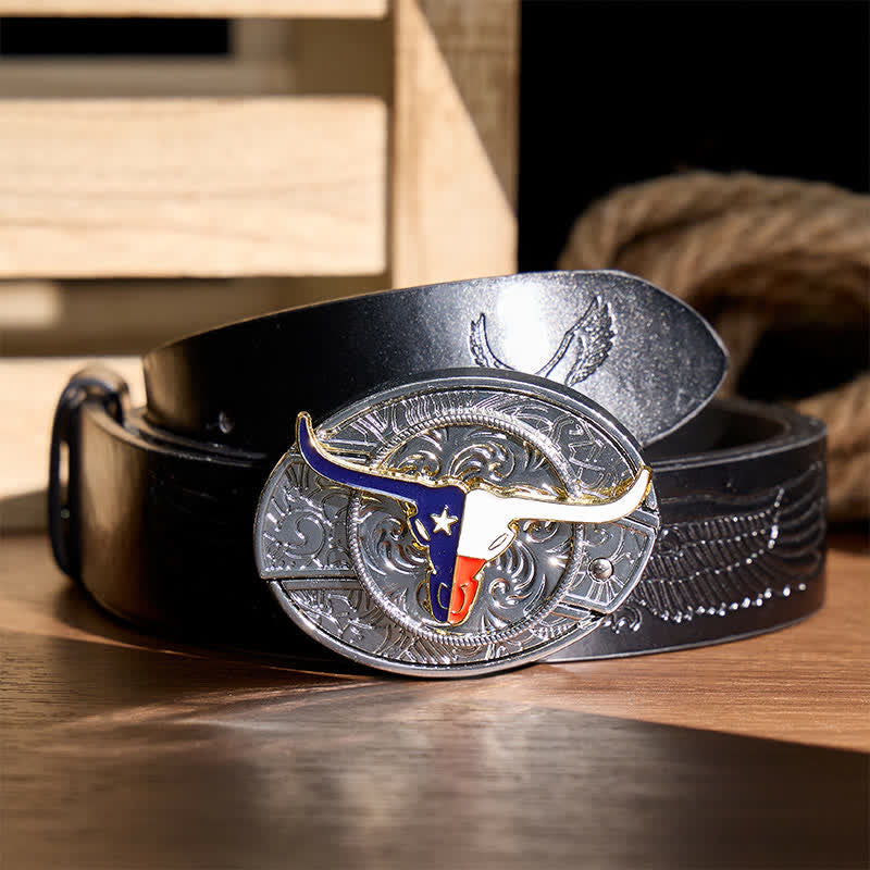 Texas-Staatsflagge Longhorn DIY Verstecktes Klappmesser Schnalle Ledergürtel - Longhorn & Flagge - Schwarzer Gürtel mit Adlerprägung - 42 - image 2