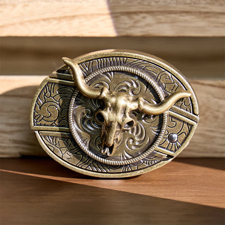 Rustikaler West Longhorn DIY Ledergürtel mit versteckter Klappmesserschnalle - Bronze Longhorn - Ohne Gürtel - Nicht im Lieferumfang enthalten: Gürtel - image 0