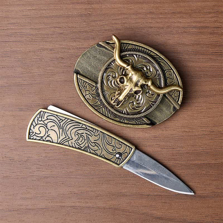 Rustikaler West Longhorn DIY Ledergürtel mit versteckter Klappmesserschnalle - image 1