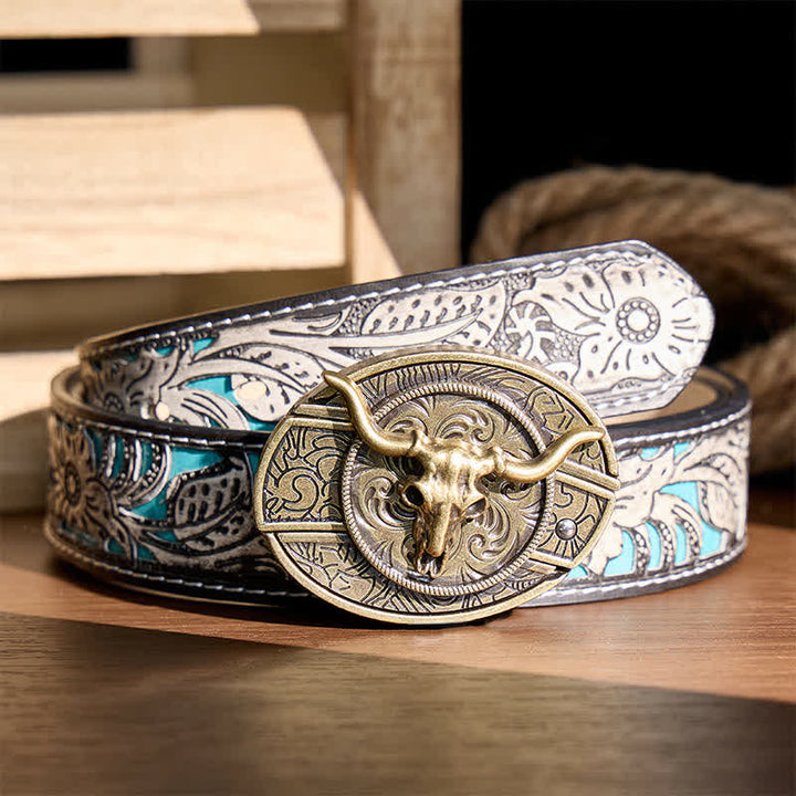 Rustikaler West Longhorn DIY Ledergürtel mit versteckter Klappmesserschnalle - Bronze Longhorn - Grauer Gürtel mit Blumenmuster - 42 - image 7