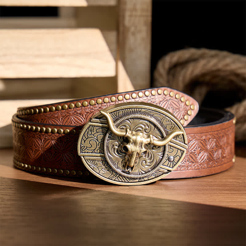 Rustikaler West Longhorn DIY Ledergürtel mit versteckter Klappmesserschnalle - Bronze Longhorn - Brauner Nietgürtel - 42 - image 4