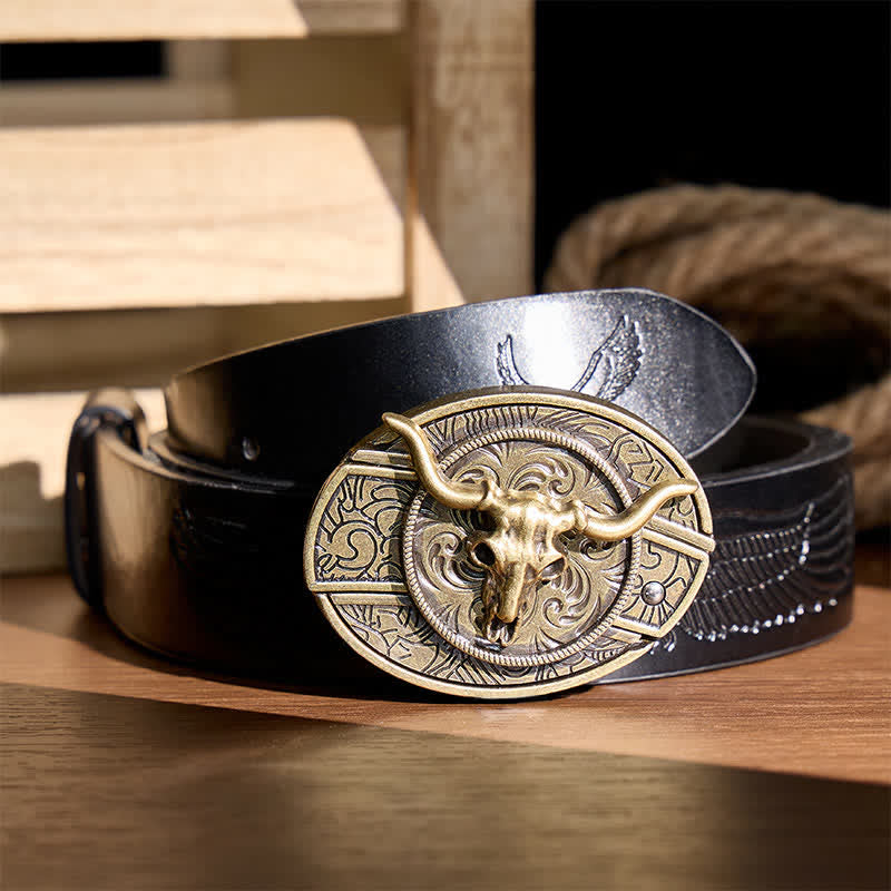Rustikaler West Longhorn DIY Ledergürtel mit versteckter Klappmesserschnalle - Bronze Longhorn - Schwarzer Gürtel mit Adlerprägung - 42 - image 2