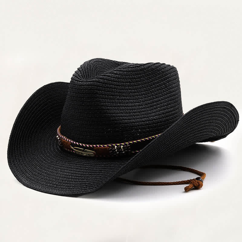 Rustikaler Stroh-Cowboyhut im Stammesstil mit Metallfedern und Perlenband - Schwarz - M (22"-22 7/8") - image 8