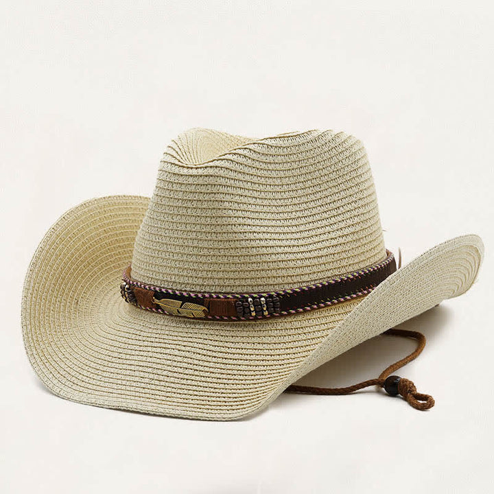 Rustikaler Stroh-Cowboyhut im Stammesstil mit Metallfedern und Perlenband - Beige - M (22"-22 7/8") - image 0