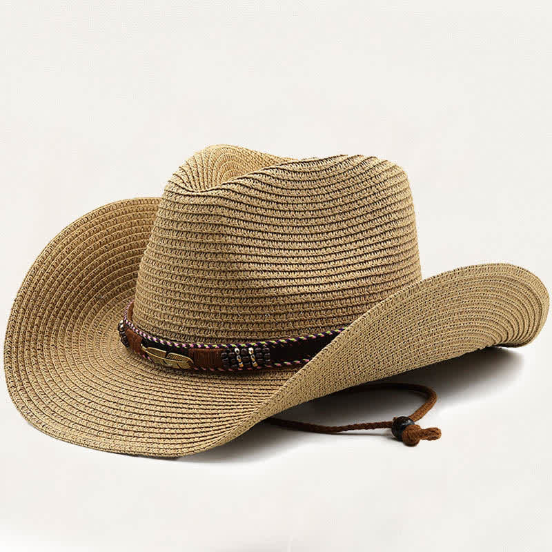 Rustikaler Stroh-Cowboyhut im Stammesstil mit Metallfedern und Perlenband - Khaki - M (22"-22 7/8") - image 9