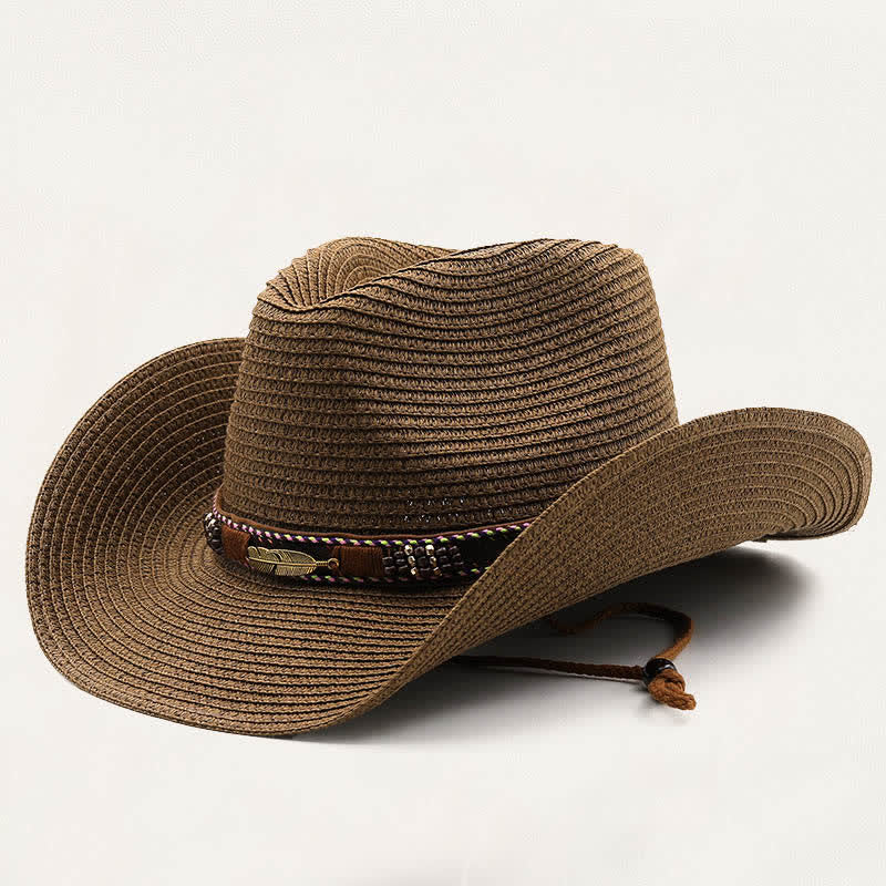 Rustikaler Stroh-Cowboyhut im Stammesstil mit Metallfedern und Perlenband - Kaffee - M (22"-22 7/8") - image 3