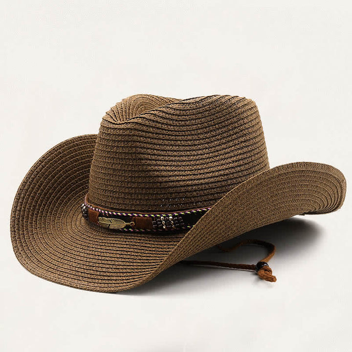 Rustikaler Stroh-Cowboyhut im Stammesstil mit Metallfedern und Perlenband - Kaffee - M (22"-22 7/8") - image 3