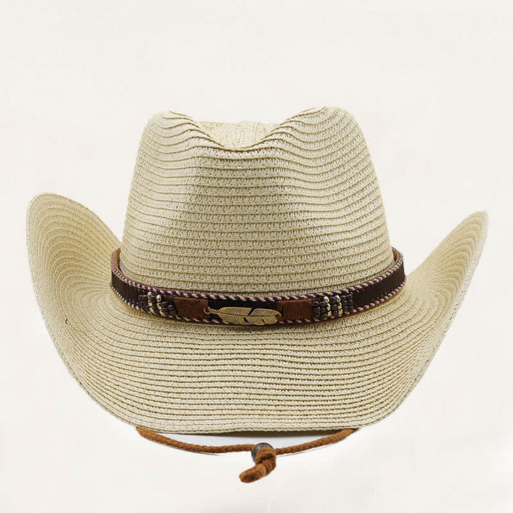 Rustikaler Stroh-Cowboyhut im Stammesstil mit Metallfedern und Perlenband - image 1
