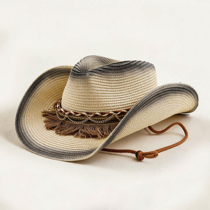 Retro-Bohemian-Stroh-Cowboyhut mit Fransen und Kettenband - Elfenbein & Schwarz - M (22"-22 7/8") - image 0