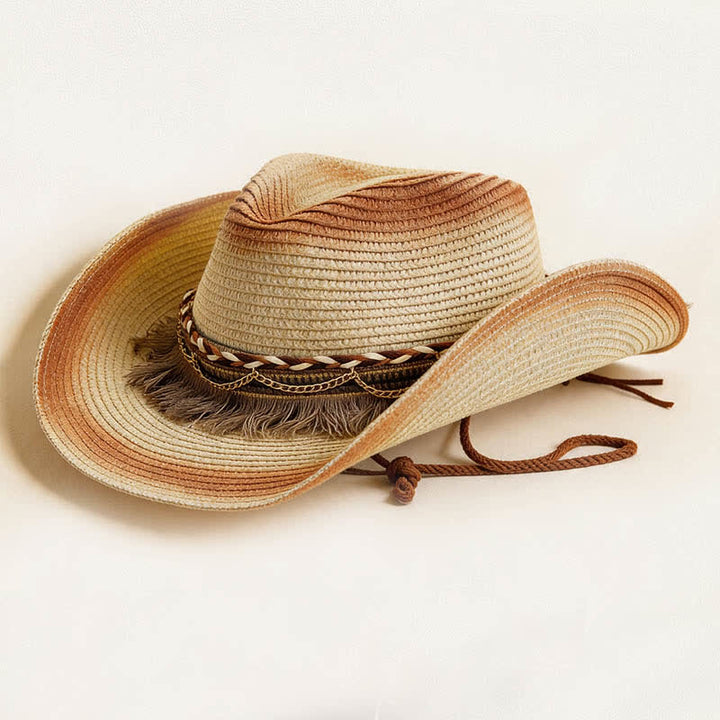 Retro-Bohemian-Stroh-Cowboyhut mit Fransen und Kettenband - Elfenbein & Rostrot - M (22"-22 7/8") - image 8