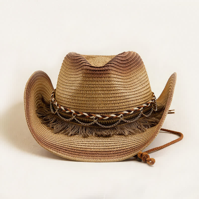 Retro-Bohemian-Stroh-Cowboyhut mit Fransen und Kettenband - image 3