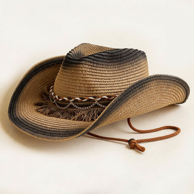 Retro-Bohemian-Stroh-Cowboyhut mit Fransen und Kettenband - Khaki & Schwarz - M (22"-22 7/8") - image 11