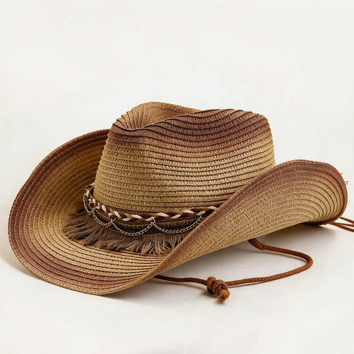 Retro-Bohemian-Stroh-Cowboyhut mit Fransen und Kettenband - Khaki & Kaffee - M (22"-22 7/8") - image 2