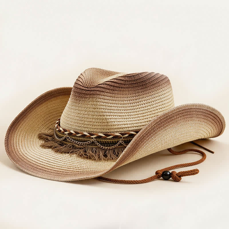 Retro-Bohemian-Stroh-Cowboyhut mit Fransen und Kettenband - Elfenbein & Kaffee - M (22"-22 7/8") - image 10