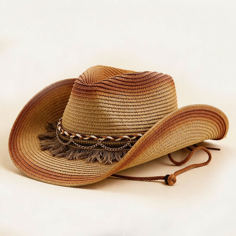 Retro-Bohemian-Stroh-Cowboyhut mit Fransen und Kettenband - Khaki und Rostrot - M (22"-22 7/8") - image 9