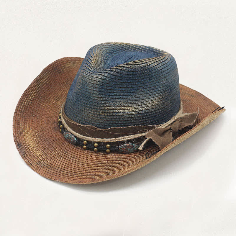 Cowboyhut aus Stroh im Used-Look mit verwaschenem Stil und rustikalem Banddetail - Blau & Khaki - M (22"-22 7/8") - image 0