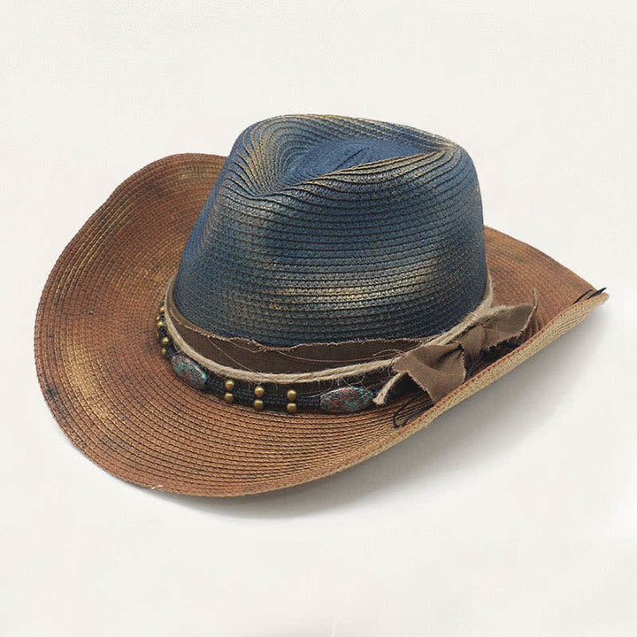 Cowboyhut aus Stroh im Used-Look mit verwaschenem Stil und rustikalem Banddetail - Blau & Khaki - M (22"-22 7/8") - image 0