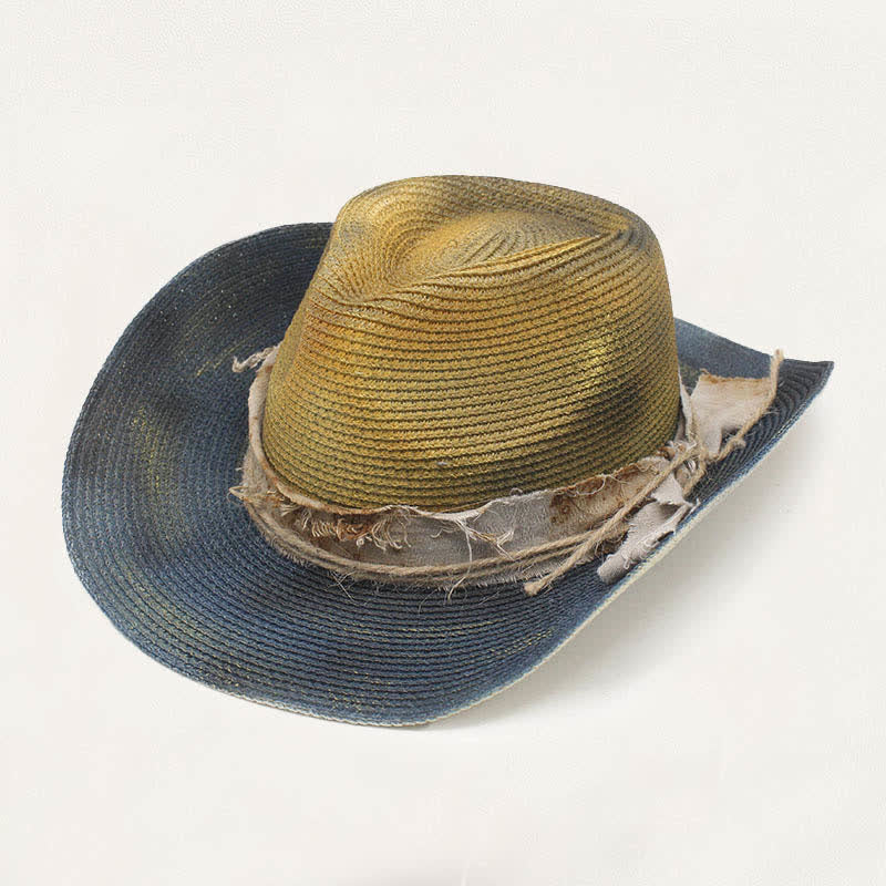 Cowboyhut aus Stroh im Used-Look mit verwaschenem Stil und rustikalem Banddetail - Khaki & Blau - M (22"-22 7/8") - image 5