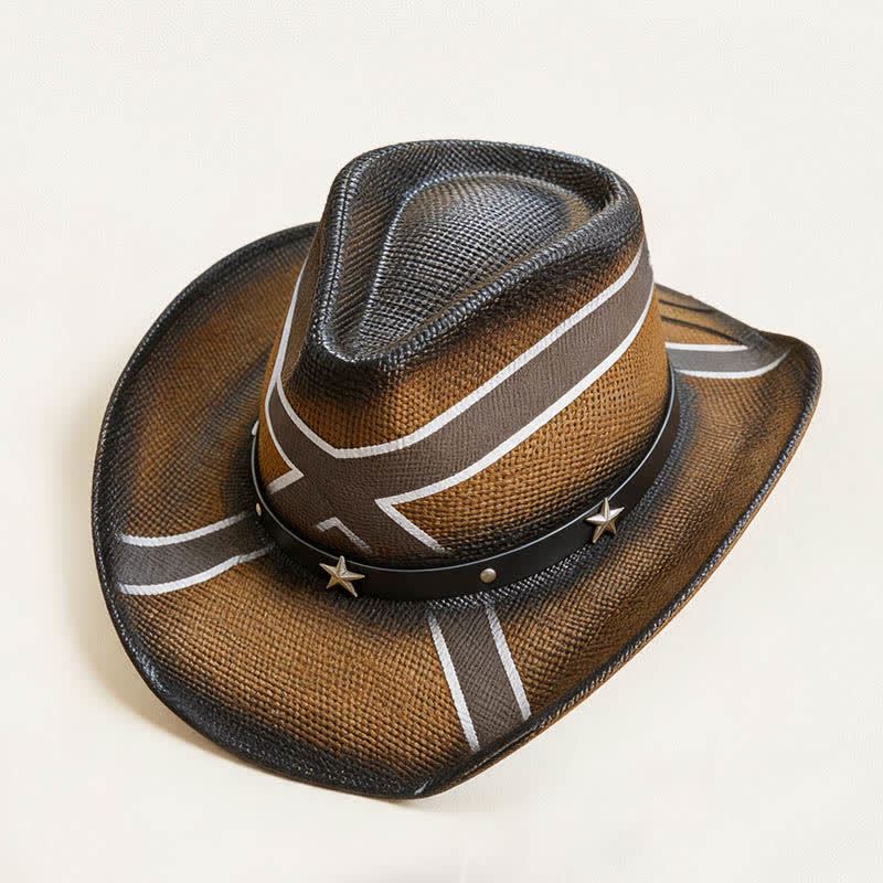 Cowboyhut aus Stroh mit Western-Kreuzmuster und sternverziertem Band - image 2
