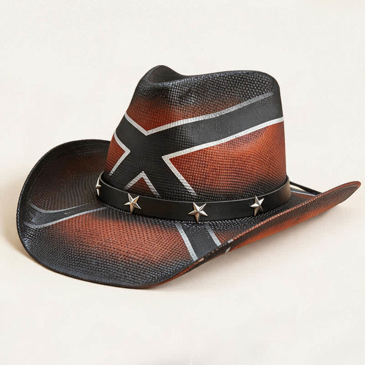 Cowboyhut aus Stroh mit Western-Kreuzmuster und sternverziertem Band - Dunkelrot - L (23 1/4"-23 5/8") - image 3