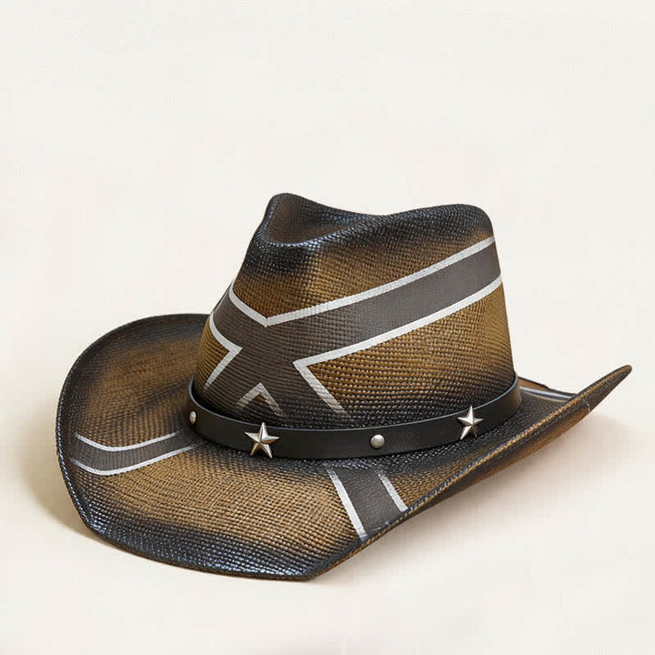 Cowboyhut aus Stroh mit Western-Kreuzmuster und sternverziertem Band - Khaki - L (23 1/4"-23 5/8") - image 0
