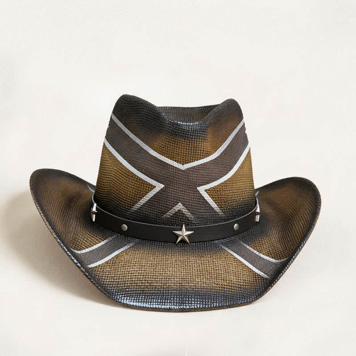 Cowboyhut aus Stroh mit Western-Kreuzmuster und sternverziertem Band - image 1