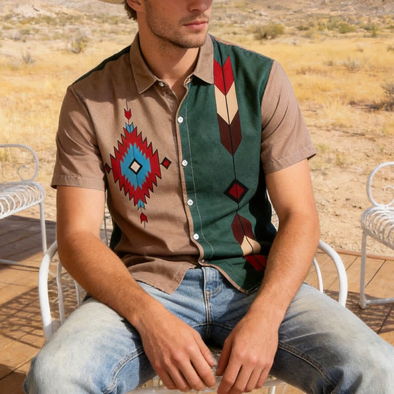 Westernhemd für Herren mit Azteken-Stammesmuster und zweifarbiger Gestaltung - Dunkelkhaki - 6XL - image 0