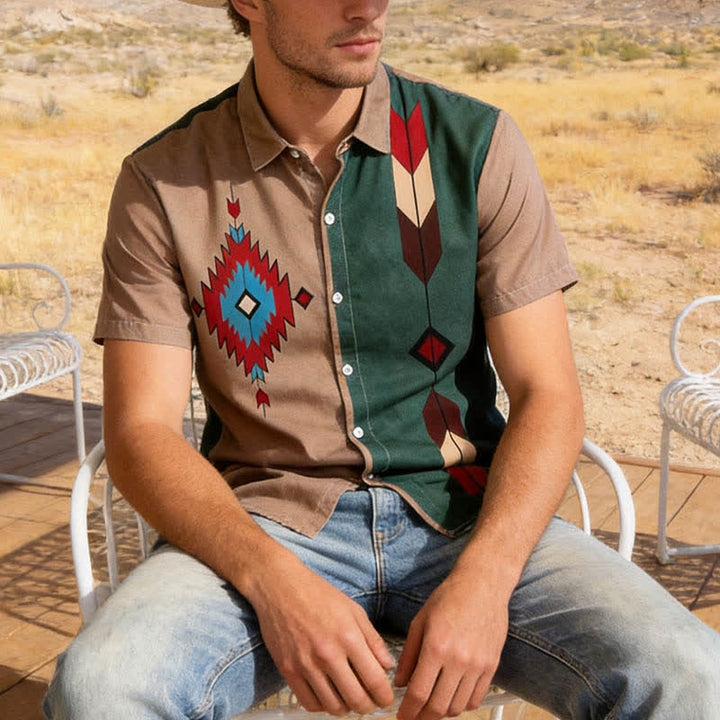 Westernhemd für Herren mit Azteken-Stammesmuster und zweifarbiger Gestaltung - Dunkelkhaki - 6XL - image 0