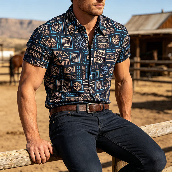 Herrenhemd im Western-Stil mit geometrischem afrikanischem Stammesmuster im Aztekenstil - Dunkelblau - 3XL - image 0
