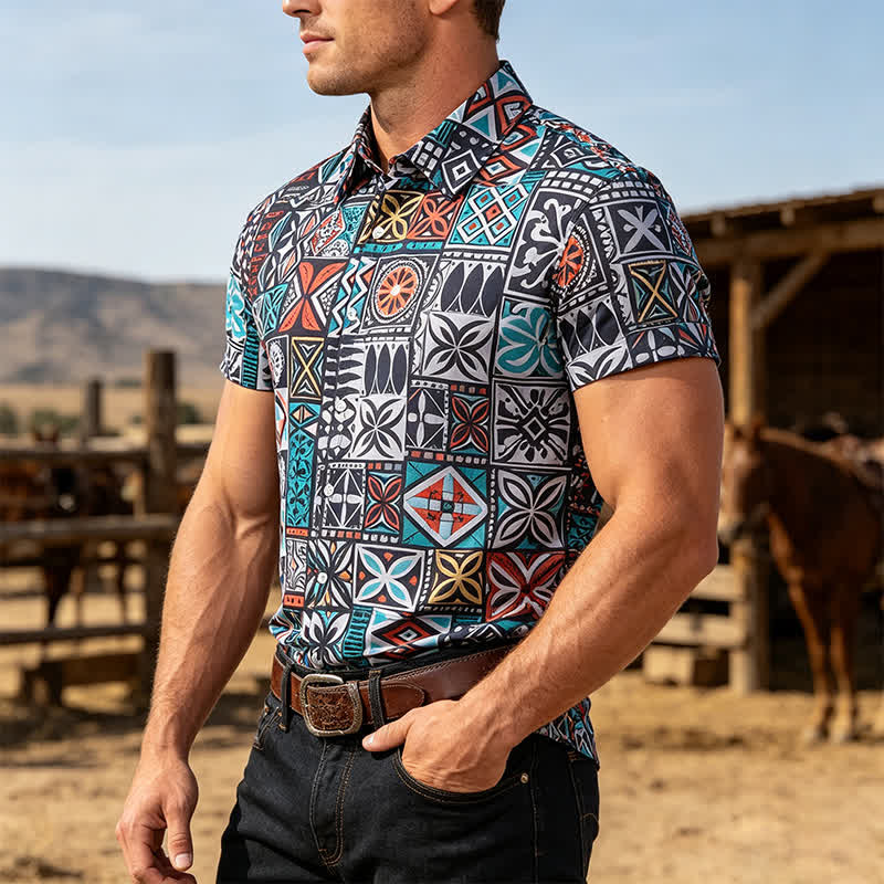 Herrenhemd mit auffälligem Patchwork-Aztekenmuster im Insel-Stammesstil - Mehrfarbig - 3XL - image 0