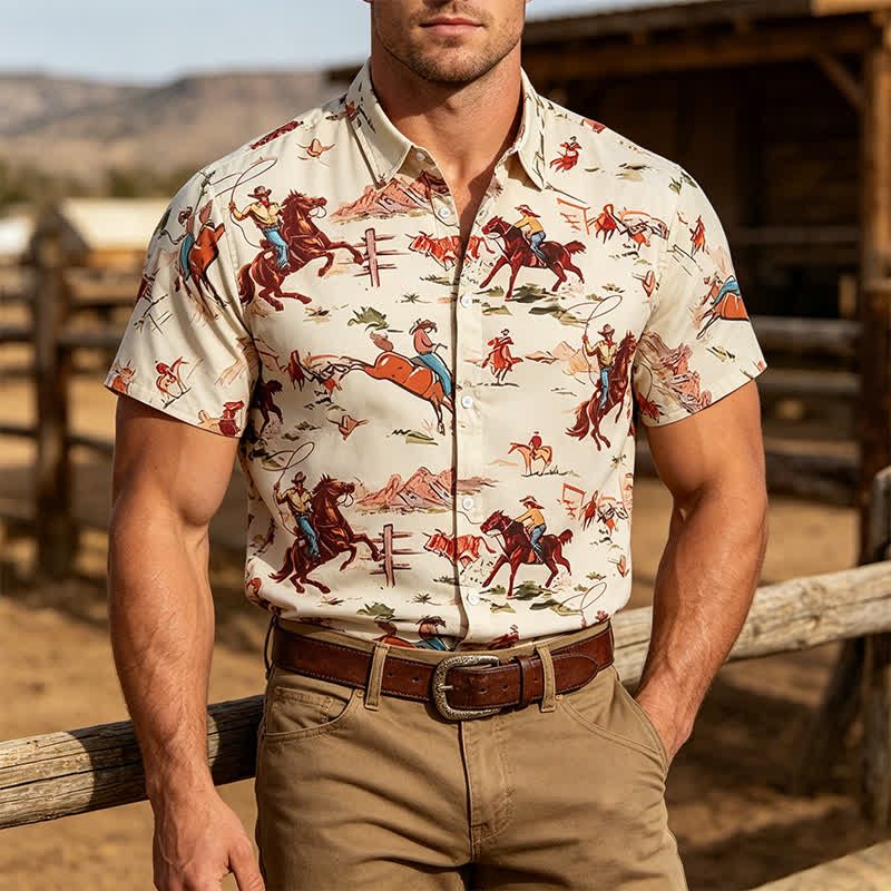 Westernhemd im Retro-Stil mit Cowboy-Lasso- und Pferdeprint für Herren - Elfenbein - 5XL - image 0