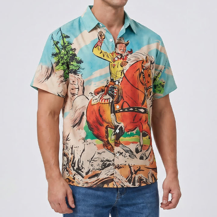 Westernhemd im Retro-Comic-Stil mit Cowboy- und Pferdeprint für Herren - image 3