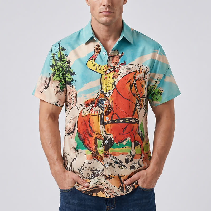 Westernhemd im Retro-Comic-Stil mit Cowboy- und Pferdeprint für Herren - image 1