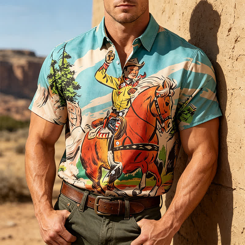 Westernhemd im Retro-Comic-Stil mit Cowboy- und Pferdeprint für Herren - Blau - 5XL - image 0