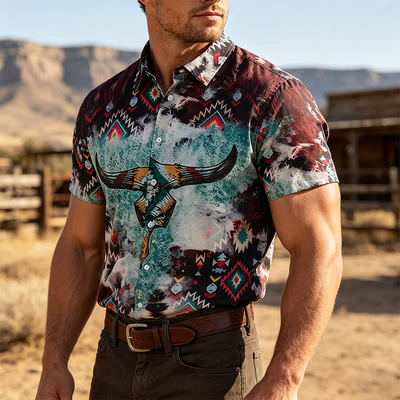 Westernhemd für Herren mit Longhorn-Schädel-Tribal-Print - Braun & Grün - 5XL - image 0