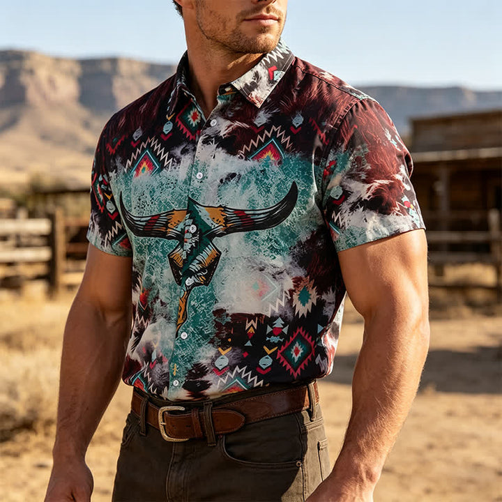 Westernhemd für Herren mit Longhorn-Schädel-Tribal-Print - Braun & Grün - 5XL - image 0