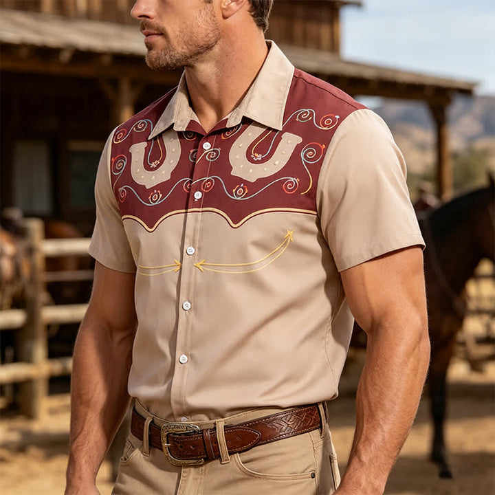Zweifarbiges Westernhemd für Herren mit Hufeisenmuster und Passe - Braun & Khaki - 4XL - image 0
