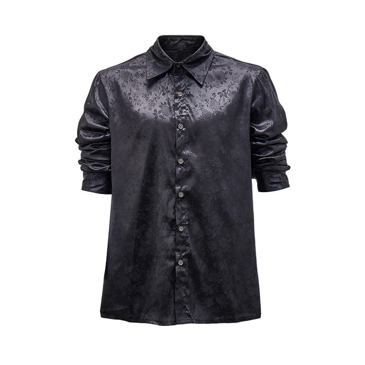 Herren-Langarmhemd mit Jacquard-Rosenmuster, verdeckter Knopfleiste und Rosenmuster - Schwarz - 2XL - image 0
