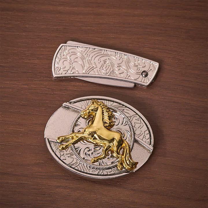 Ledergürtel mit selbstgemachtem, verstecktem Klappmesser und silbernem & goldenem Galopppferd-Motiv - image 10