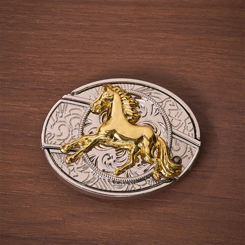 Ledergürtel mit selbstgemachtem, verstecktem Klappmesser und silbernem & goldenem Galopppferd-Motiv - image 9