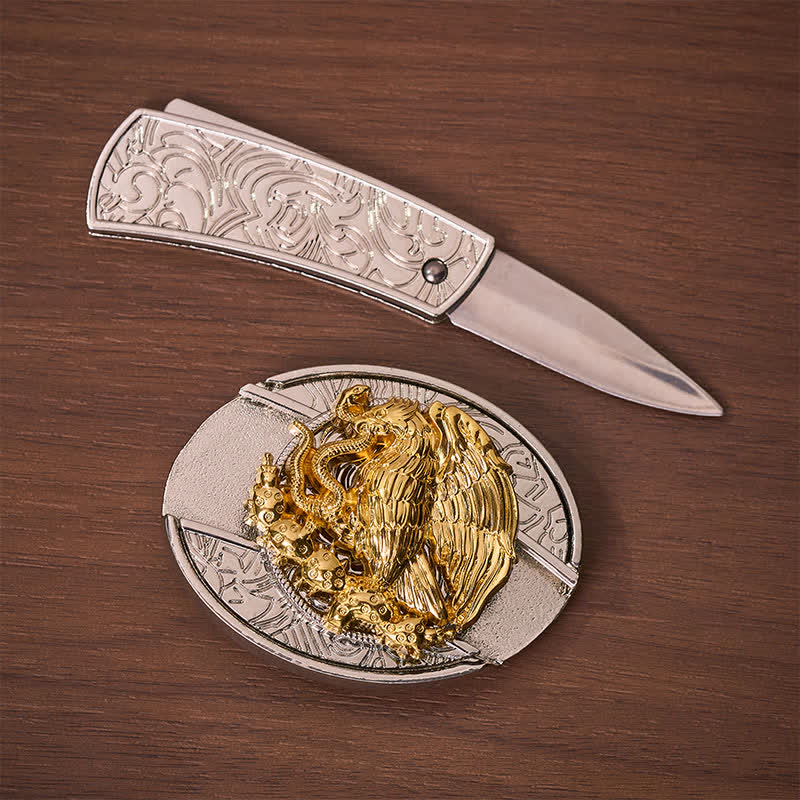 Goldener Adler Schlangen-DIY-Klappmesser mit versteckter Klappe, silberne Schnalle, Ledergürtel - image 1