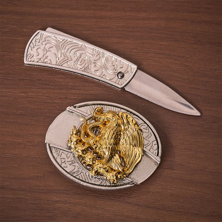 Goldener Adler Schlangen-DIY-Klappmesser mit versteckter Klappe, silberne Schnalle, Ledergürtel - image 1