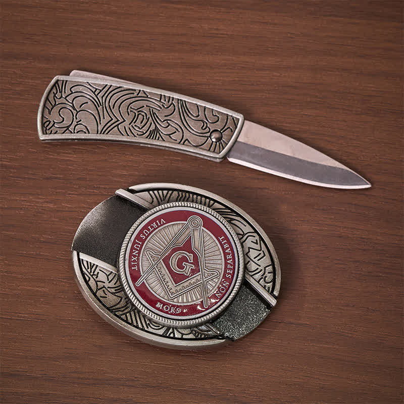 Rotes Emaille-Freimaurersymbol, DIY-Versteckte Klappmesserschnalle, Ledergürtel - image 1