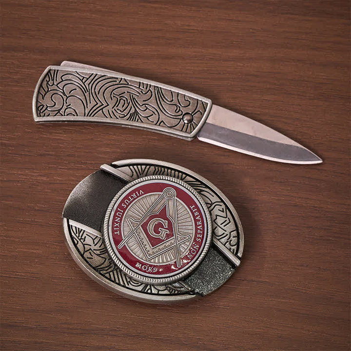 Rotes Emaille-Freimaurersymbol, DIY-Versteckte Klappmesserschnalle, Ledergürtel - image 1