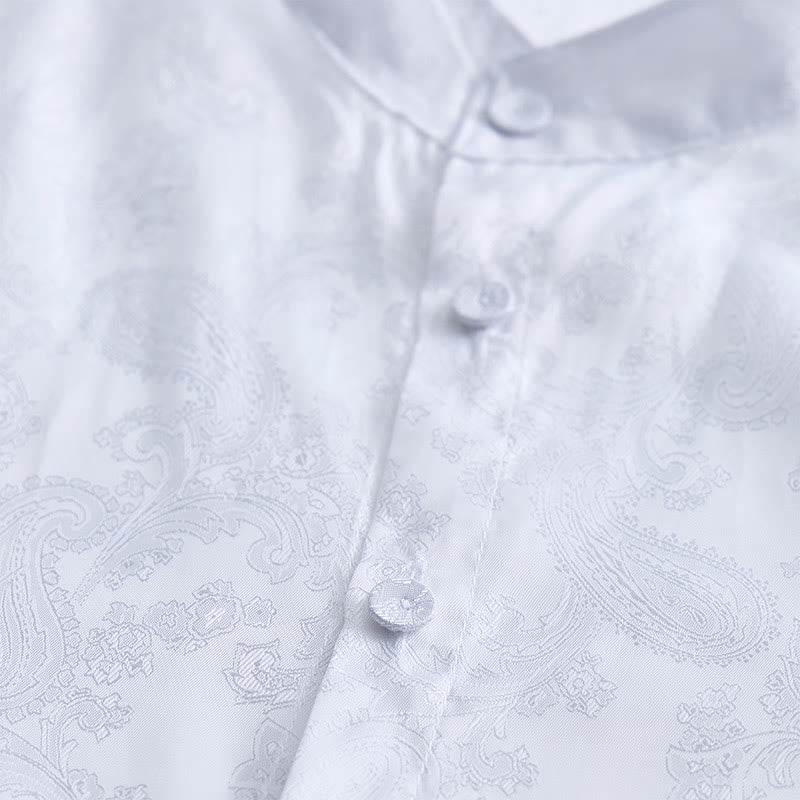 Herrenhemd aus dunklem Jacquard-Satin mit Rosenmuster, Stehkragen und langen Ärmeln - image 8