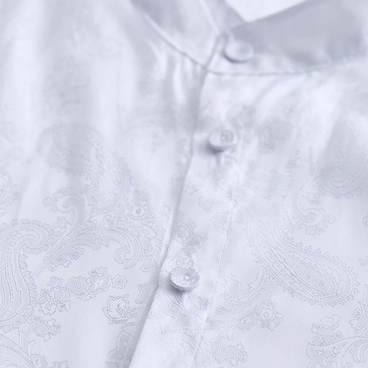 Herrenhemd aus dunklem Jacquard-Satin mit Rosenmuster, Stehkragen und langen Ärmeln - image 8